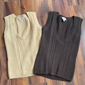 Talbots Cable Knit V-Neck Sweater Vest in Cream and Brown